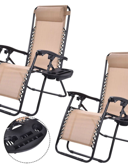 Set of 2 Beige Folding Outdoor Zero Gravity Lounge Chair Recliner-0