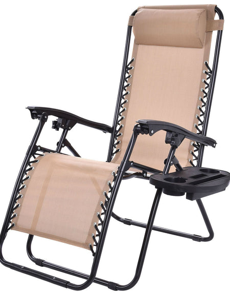 Set of 2 Beige Folding Outdoor Zero Gravity Lounge Chair Recliner-1